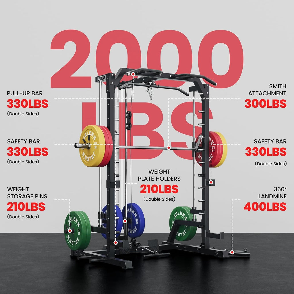 JELENS SR01 Smith Machine, 2000LBS Multi-Function Power Cage with LAT Pulldown System, All-in-One Home Gym Squat Rack with Smith Bar and Training Attachments for Full Body Workouts