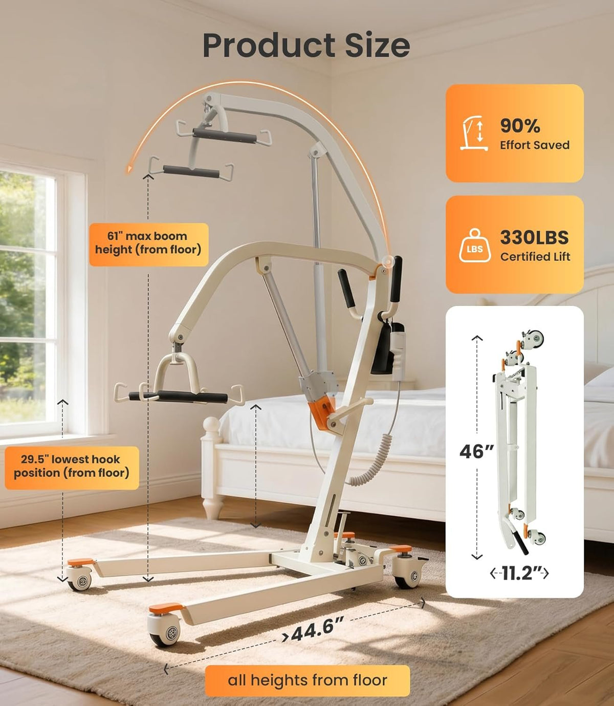 VOCIC Electric Patient Lift for Home, Floor-to-Bed Transfer Aid Lift Chair for Elderly, Foldable Patient Lift with Wireless Lithium Handset, Manual Emergency, 330lbs Capacity, Includes Sling, AY05