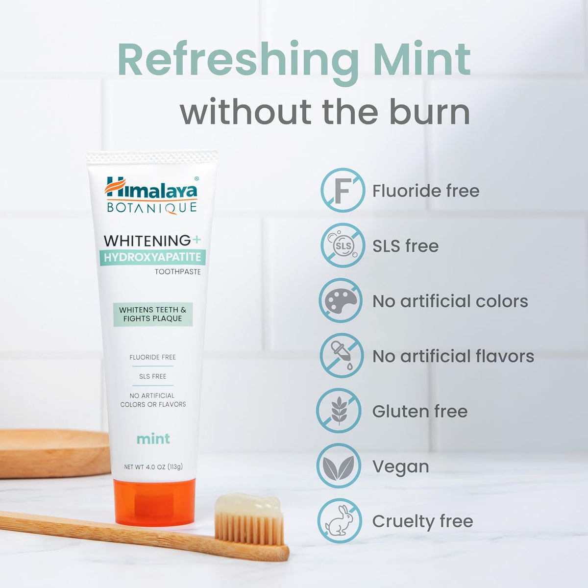 Himalaya Botanique Whitening+ Nano Hydroxyapatite Toothpaste, Mint, 4 oz | Nano Hydroxyapatite Toothpaste, Support Enamel Strength & Integrity,Great for Sensitive Teeth, Fluoride Free,SLS Free & Vegan