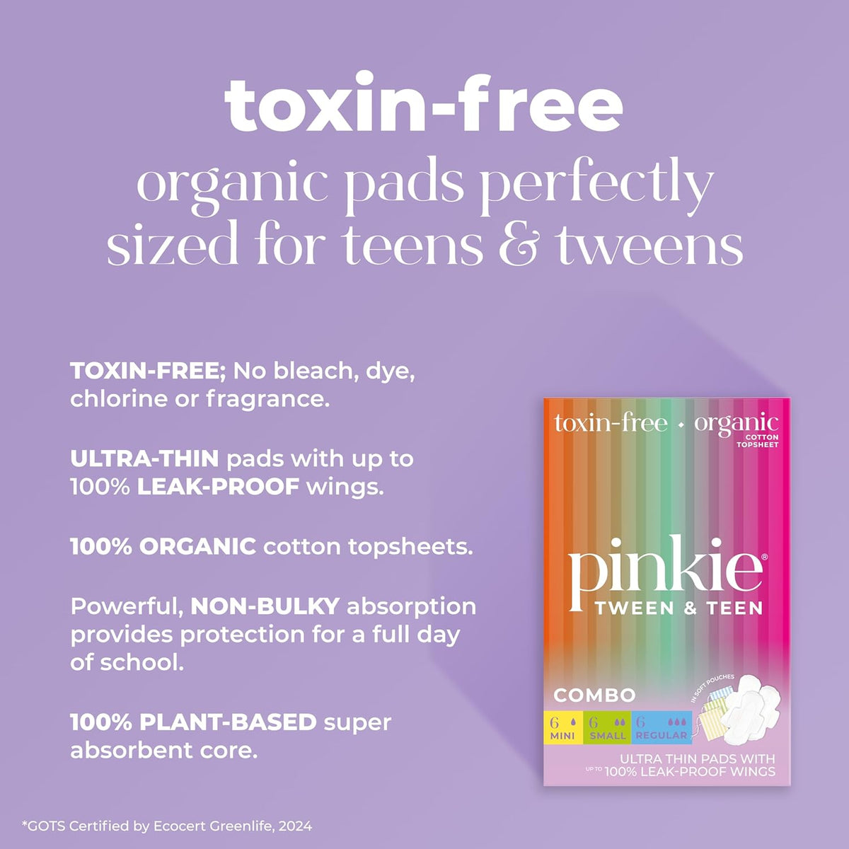Pinkie Organic Cotton Period Pads for Tweens & Teens - Heavy Flow, 18 Count Combo Pack