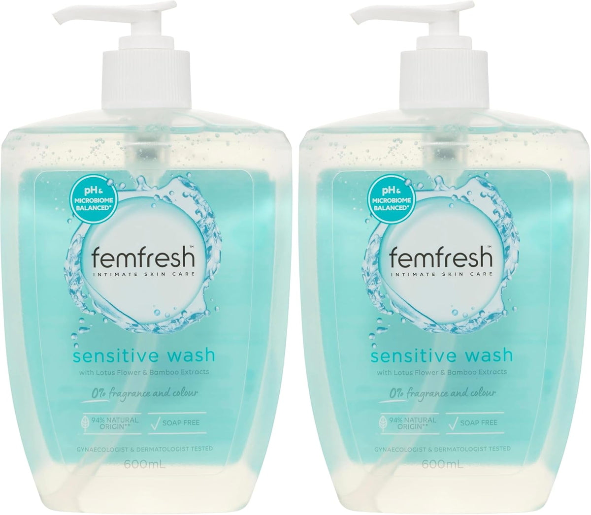 Femfresh Sensitive Intimate Wash 600ml - Fragrance & Colour-Free, With Lotus Flower & Bamboo Extracts, pH & Microbiome Balanced, 94% Natural Origin Ingredients, Soap-Free Gentle Feminine Cleanser