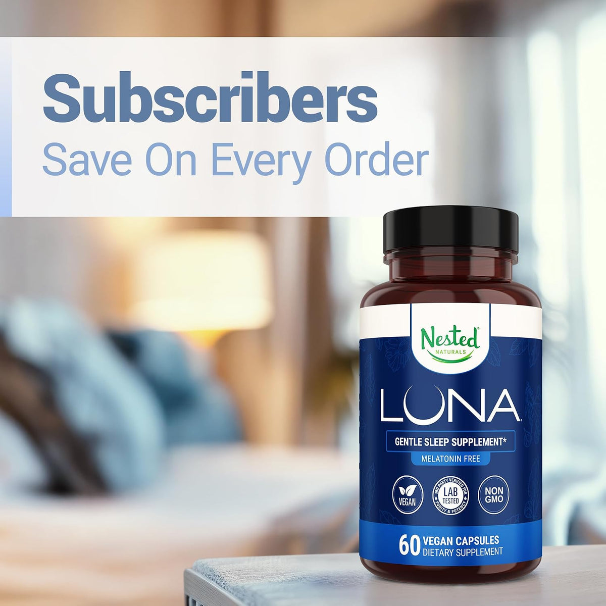 Nested Naturals Luna Melatonin-Free Sleep Supplement - Non-Habit Forming Herbal Sleep Supplement, Adult Bedtime Support, Help Sleeping w/Chamomile, Valerian, L-Theanine - 60 Vegan Capsules