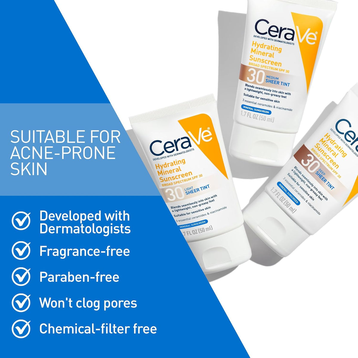 CeraVe Tinted Sunscreen for Face, Mineral SPF 30 Moisturizer, Medium, 1.7oz | Skin Care, Face Sunscreen, Hyaluronic Acid, Zinc Oxide, Titanium Dioxide, Sheer Tint, Healthy Glow, Blends Seamlessly