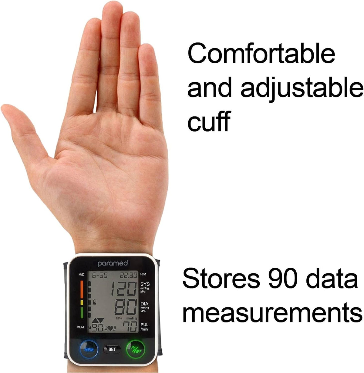 PARAMED Automatic Wrist Blood Pressure Monitor: Blood-Pressure Kit of Bp Cuff + 2AAA and Carrying case - Irregular Heartbeat Detector & 90 Readings Memory Function & Large Display