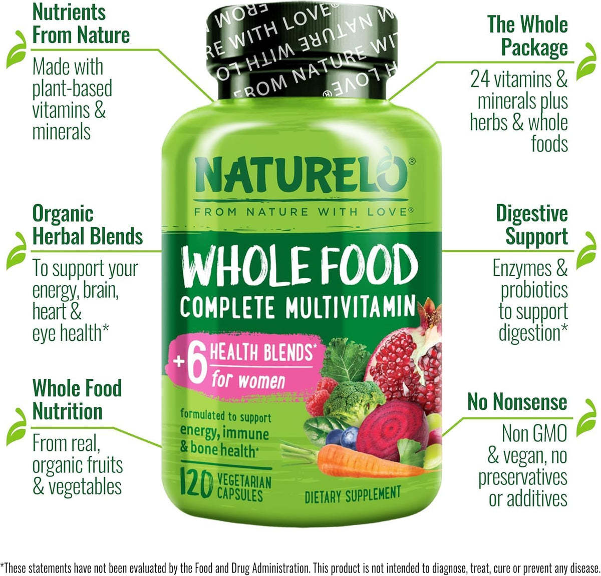 NATURELO Whole Food Multivitamin for Women - with Vitamins, Minerals, & Organic Extracts - Supplement for Energy and Heart Health - Non GMO - 120 Vegan Capsules