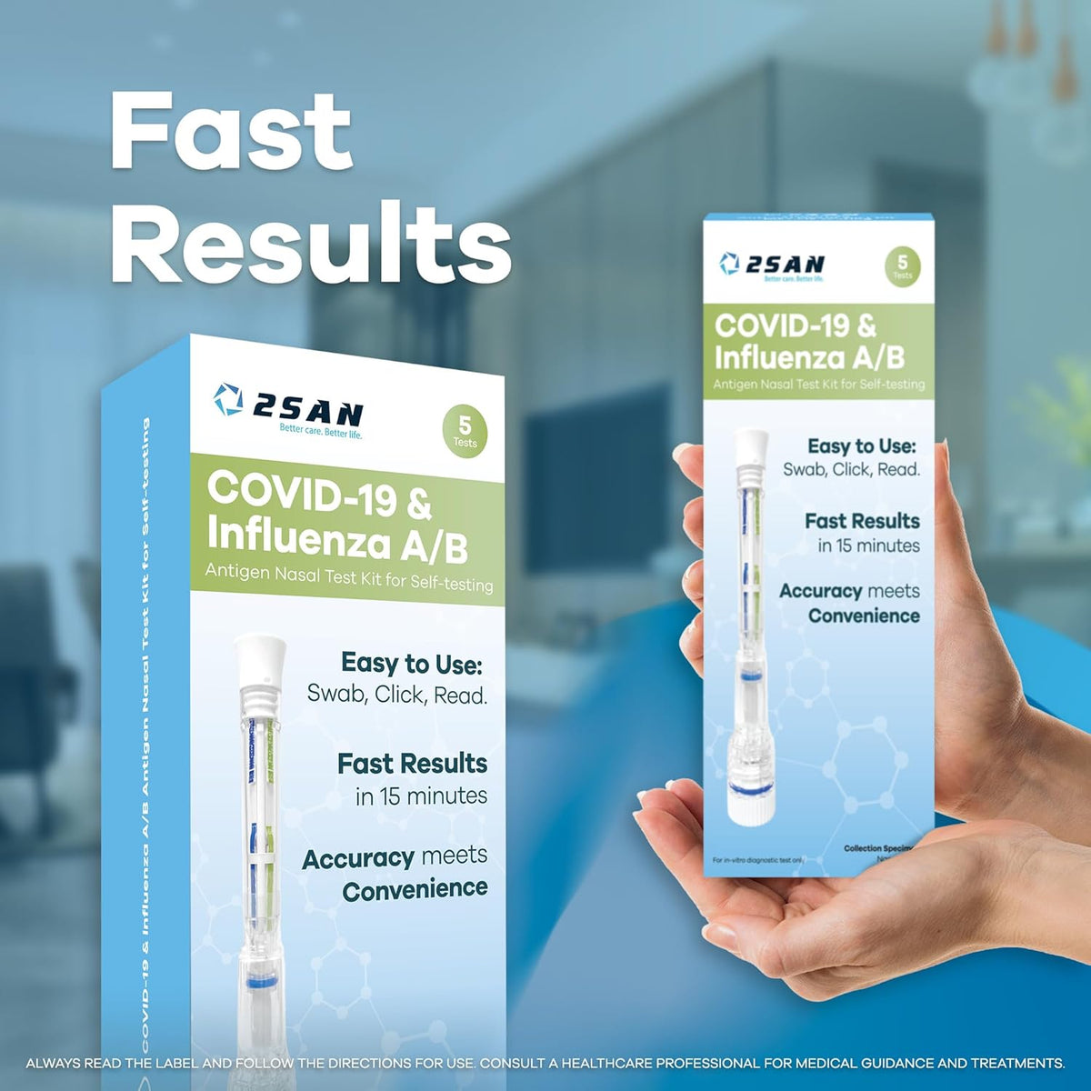 2San COVID-19 & Flu A/B Pen Test – Results in 15 Minutes – 5-Pack (5 Test) – Rapid Antigen Home Test – Clinically Accurate – Easy, Non-Intrusive Nasal Swab – Detects Flu & COVID