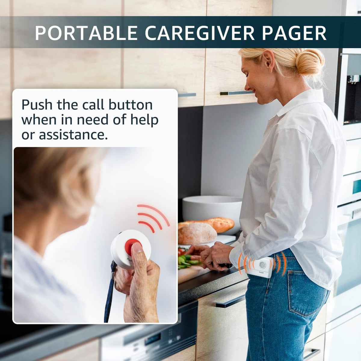 Caregiver Pager with 2 Call Buttons and 2 Pagers for Home Care