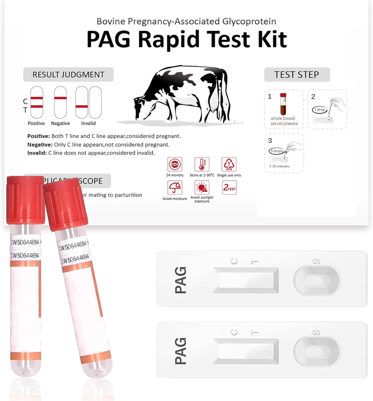 Bovine Pregnancy Test Kit - Includes 2 Tests, Rapid Results in 5-20 Minutes for Dairy & Beef Cows, Whole Blood, Serum & Plasma-Based Tests