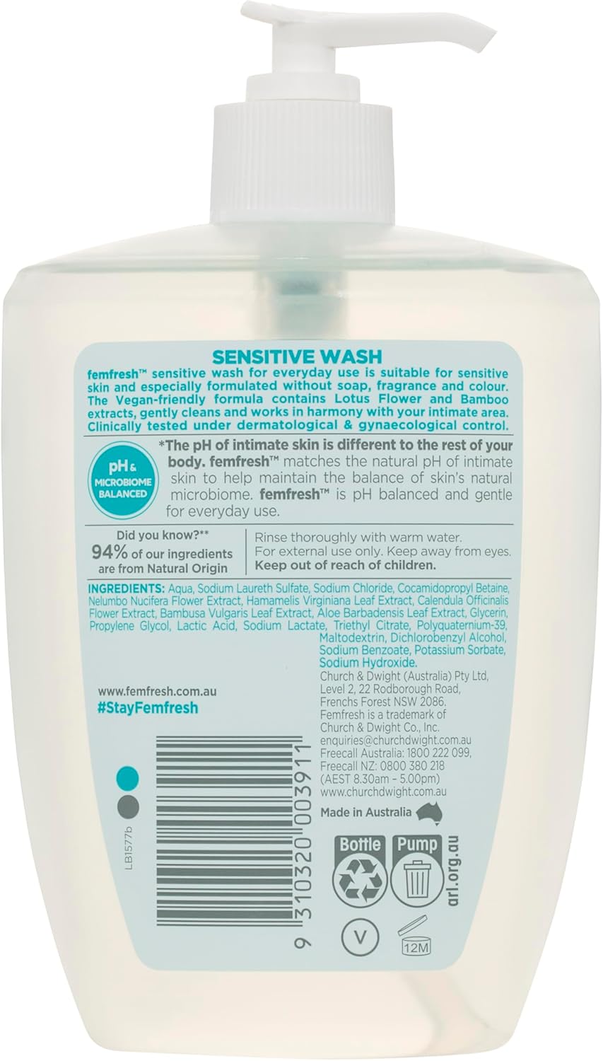 Femfresh Sensitive Intimate Wash 600ml - Fragrance & Colour-Free, With Lotus Flower & Bamboo Extracts, pH & Microbiome Balanced, 94% Natural Origin Ingredients, Soap-Free Gentle Feminine Cleanser
