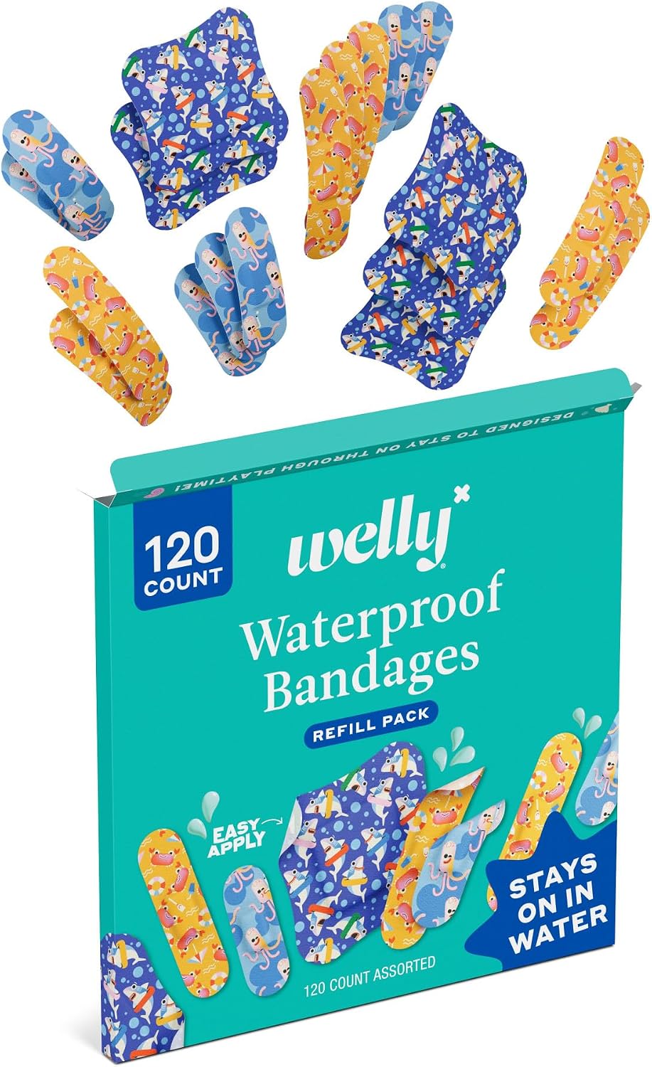 Welly Bandage Ocean Friends Refill Pack | Splashflex Adhesive Flexible Waterproof Bandages | Assorted Shapes and Patterns for Minor Cuts, Scrapes, and Wounds - 120 Count