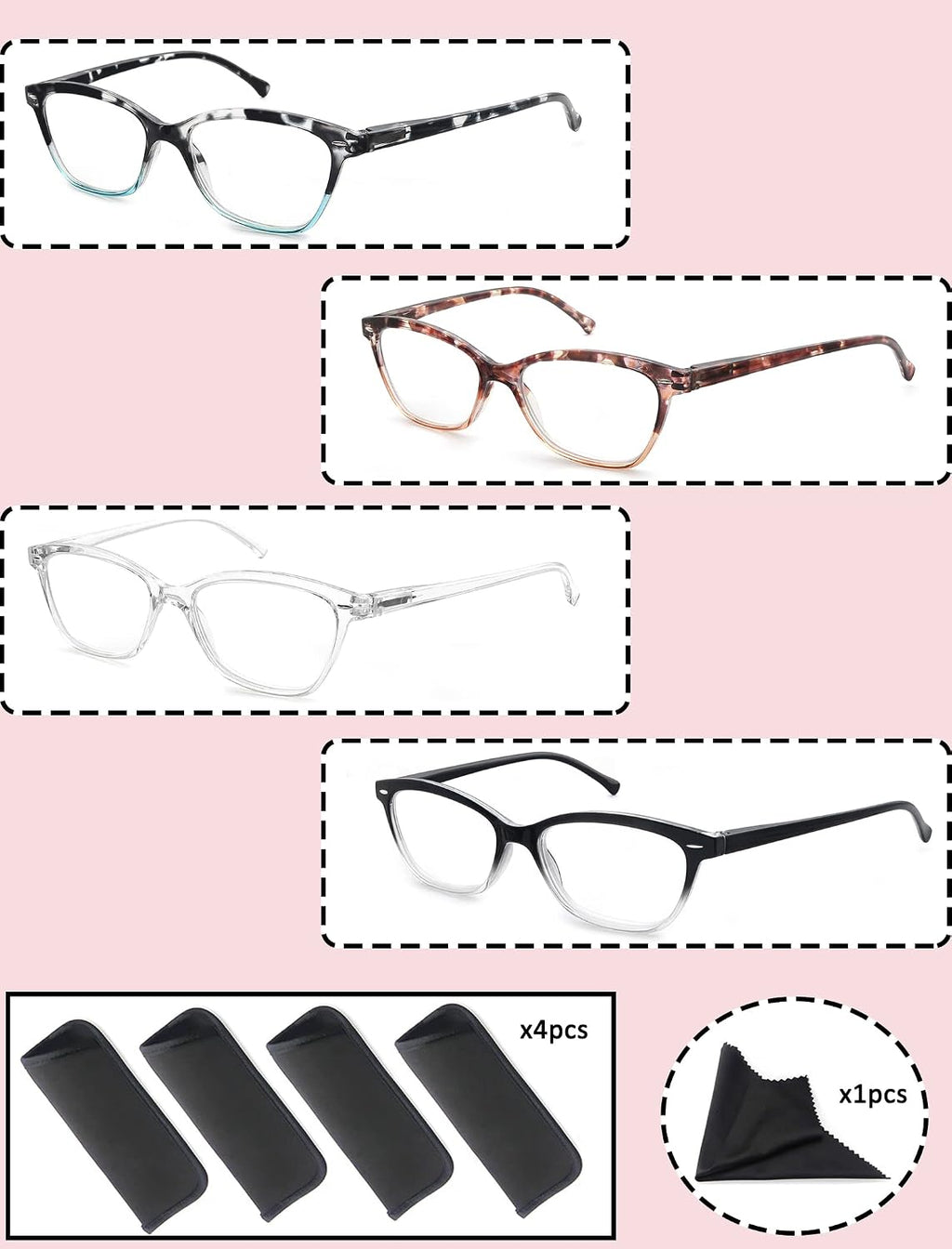 Reading Glasses Women Ladies Readers +5.00 Stylish Women's Magnifying Cheaters Glasses 4 Pack Lightweight Comfortable Fit