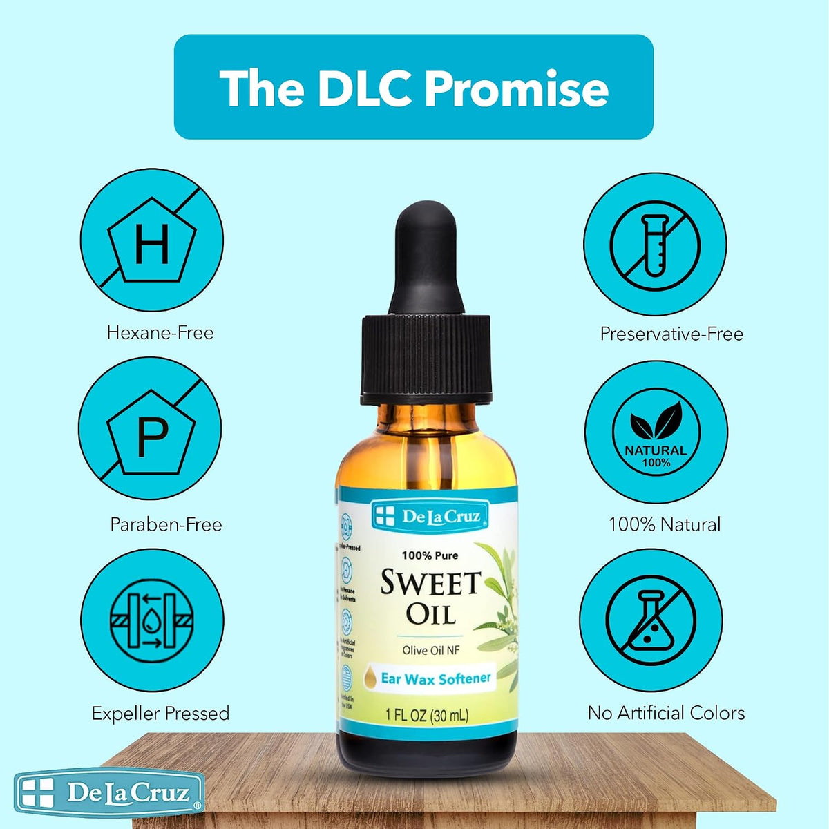 De La Cruz Sweet Oil, Ear Oil, Natural Ear Wax Softener, 1 fl. oz (30 mL) | 100% Pure Olive Oil NF Grade, Earwax Softener, Gentle and Safe Ear Care for the Whole Family, with Dropper, Bottled in USA