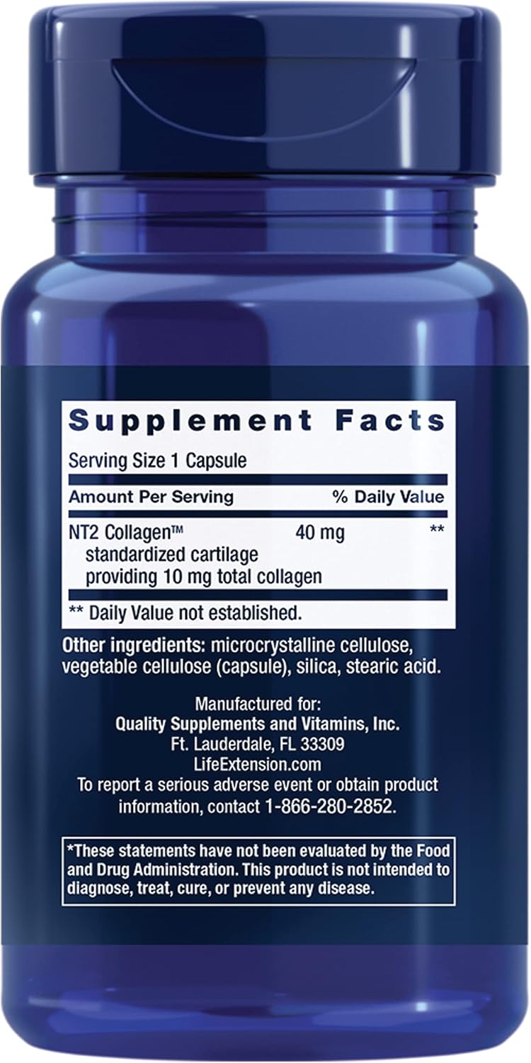 Life Extension NT2 Collagen™, Joint Health Supplement for Joint Comfort & Mobility, Gluten-Free, Non-GMO, 1 Daily, 60 Small Capsules