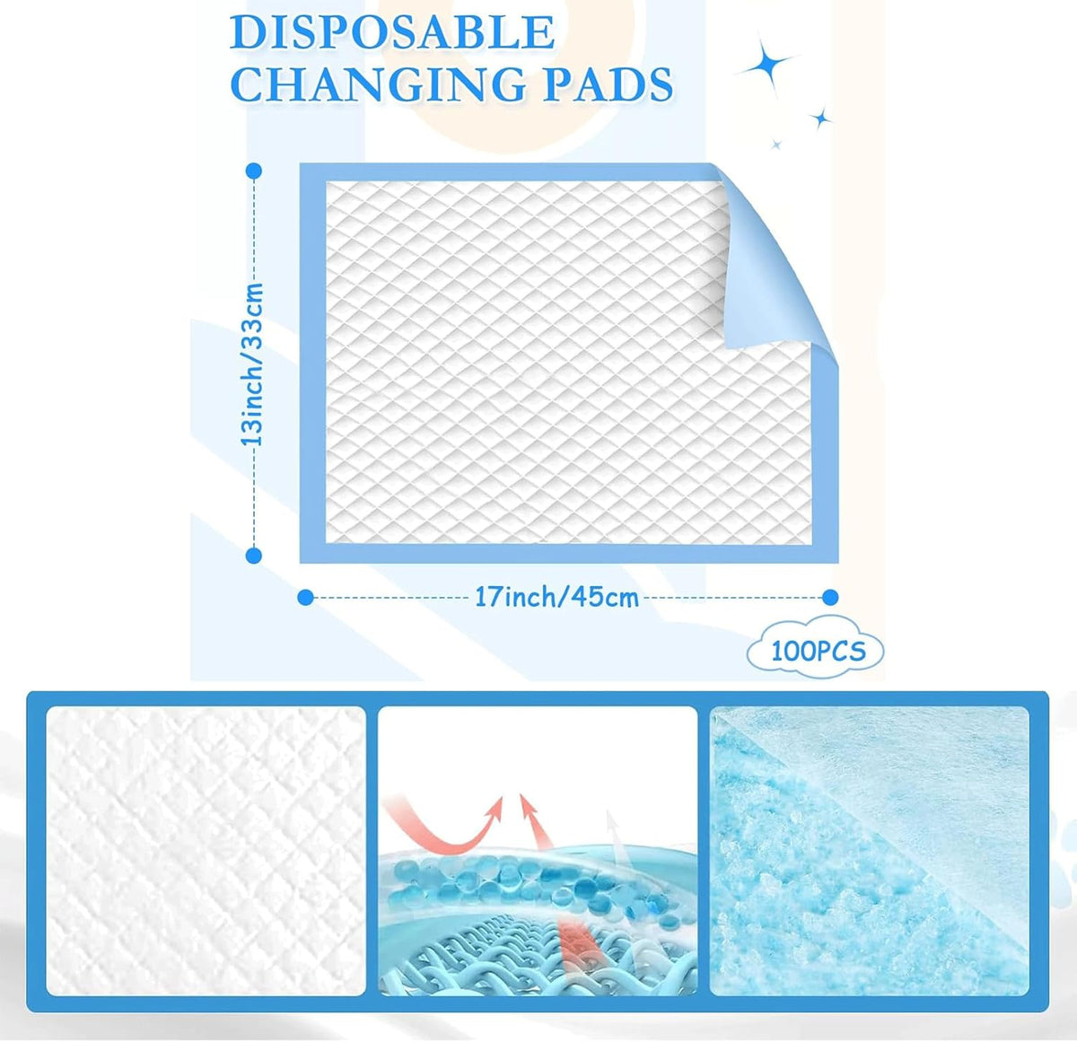 100 Pack of 33 * 45CM Disposable Urine Pads with Quick Drying and Leakproof Features,Super Absorbent Protection Disposable Underpads for Diaper Changes, Bed and Table Protection