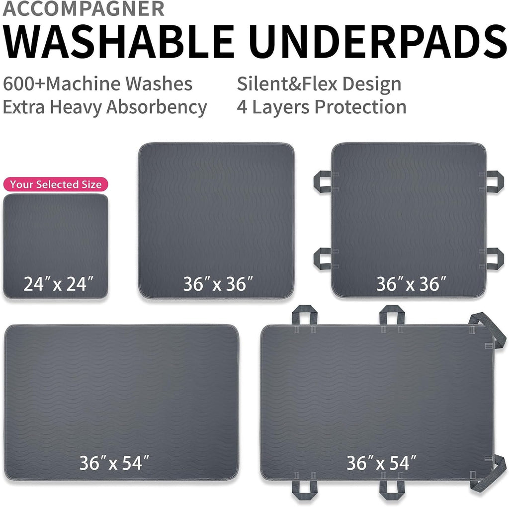 Accompagner Incontinence Bed Pads Washable Waterproof, Ultra-Absorbent Reusable Underpads for Diaper Changing, Nursing, Bedridden, Adults, Seniors, Kids and Dogs (Dark Gray, 24"x24"(Pack of 4))