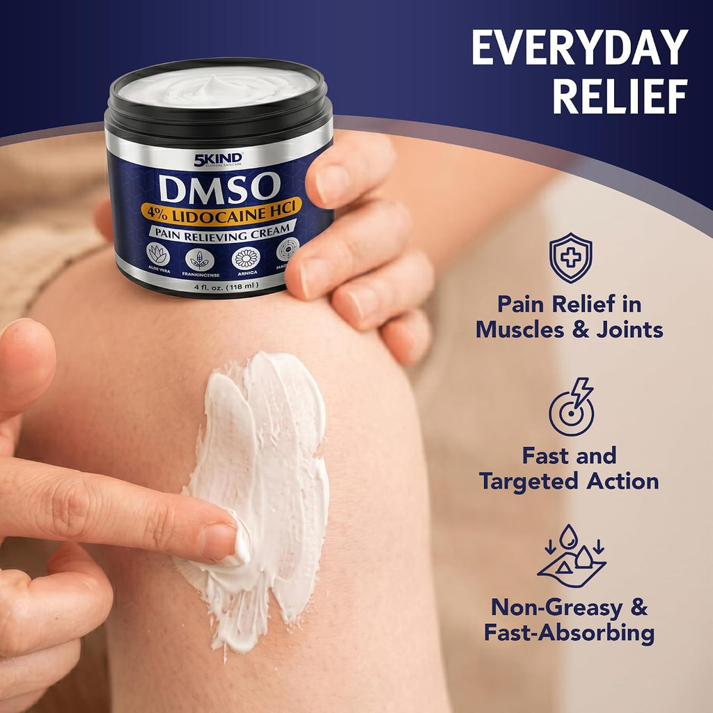 5Kind DMSO Cream with Lidocaine for Pain Relief 4 fl oz - 99.9% Pure DMSO Pharmaceutical Grade Cream - Lidocaine Cream with Aloe Vera, Magnesium, Arnica & Menthol - Registered NDC - Made in USA