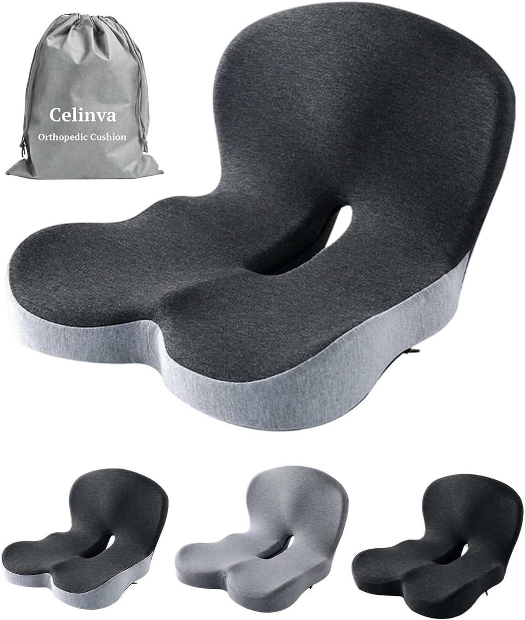 Car Seat Cushion for Tailbone Pain Relief, Ergonomic Memory Foam Seat Cushion for Office Chair, Car Seat, Home, Non-Slip Bottom, Removable Washable Cover (Two-Tone Color)