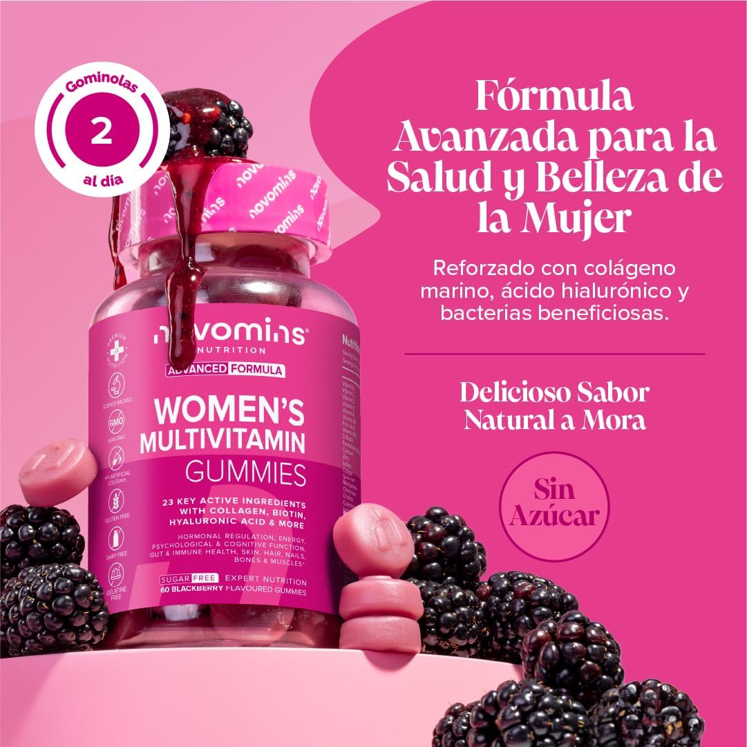Women's Multivitamins - 60 Gummies with Vitamins for Hair, Marine Collagen and Hyaluronic Acid - Vitamin C, A, D, B, Biotin and Zinc - Multivitamin with Minerals and Probiotics - Novomins