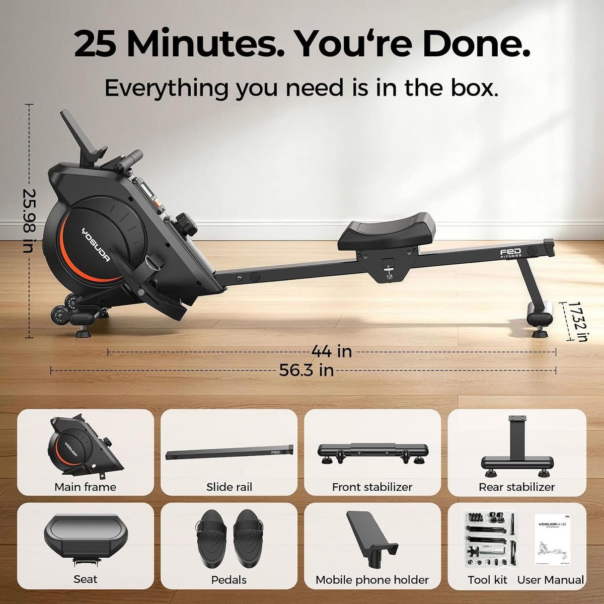 YOSUDA Rowing Machine for Home, Magnetic Rower Machine for Beginners to Athletes, Use with Resistance Adjustment Function, Bluetooth, App Supported, LCD Monitor, and Comfortable Seat Cushion
