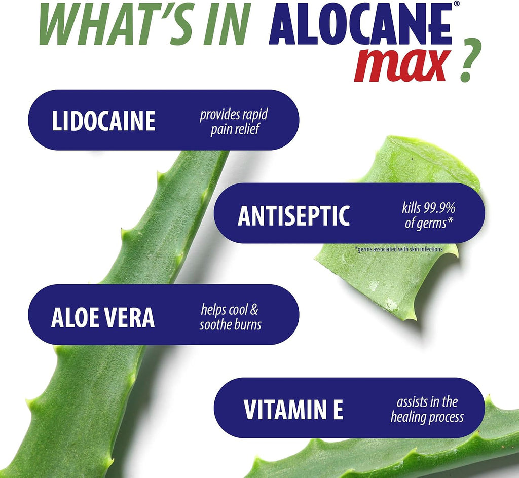 ALOCANE Max Maximum Strength Emergency Burn Gel With Lidocaine and Antiseptic, 4% Lidocaine, Fast Pain and Itch Relief, Sunburn Relief, Cuts, Scrapes, First Aid Burn Care, 4.0 Fluid Ounce
