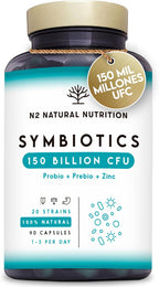 Probiotics 150 Billion CFU and 20 Strains. Maximum Concentration of Intestinal Probiotics and Prebiotics and Zinc. Shock Therapy 76 Days. Irritable Colon and Gases. Vegan. CE. N2 Natural Nutrition