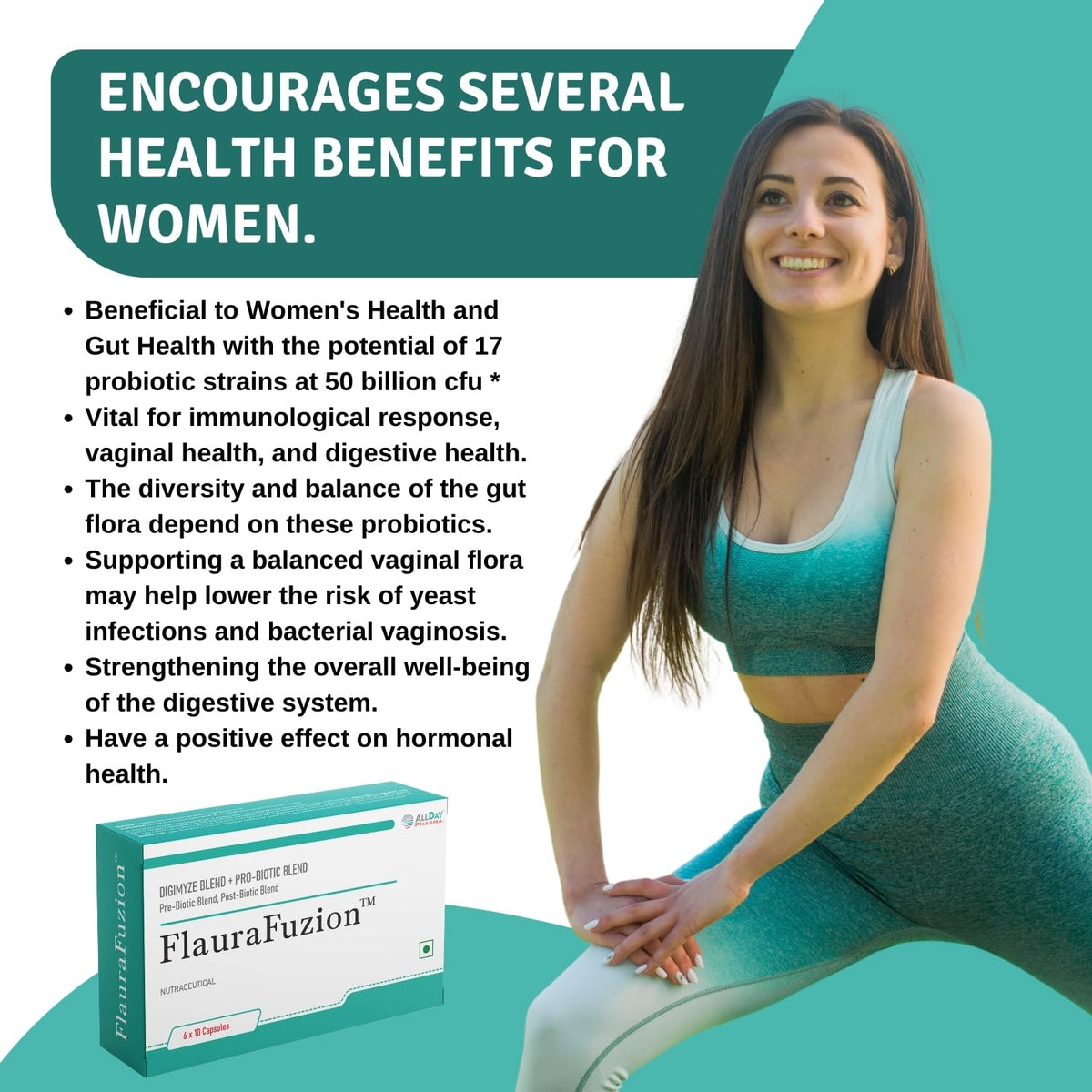 ALLDAY PHARMA FlauraFuzion Probiotic Capsules for Women | 50 Billion CFU | 17 Multi-Strain Probiotics | Gut Health, Digestion Support & Immunity Booster | Women’s Daily Supplement | 10 Capsules