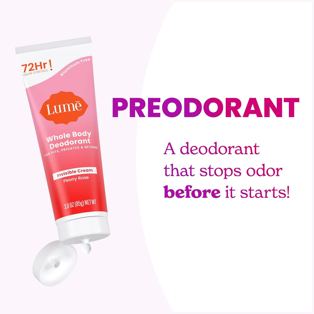 Lume Whole Body Deodorant - Cream Tube - 3 oz, 2 pk (Peony Rose) | 72 Hour Odor Control Aluminum Free Baking Soda Skin Safe deodorant lotion women full body