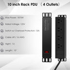 10 inch Rack PDU, 4 Rear Outlets, 15A, 125V, 1875W | 15A Overload Switch, 1U RackMount, 6ft Power Cable