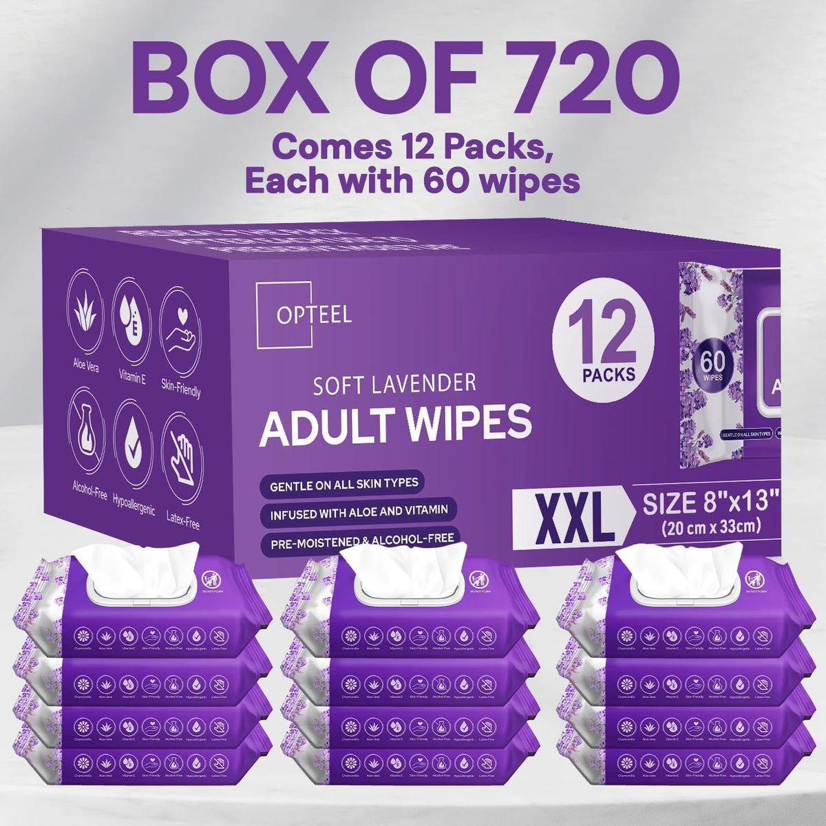 OPTEEL Wipes for Adults – Extra Large 8x13, Scented, Pre-Moistened, 720ct