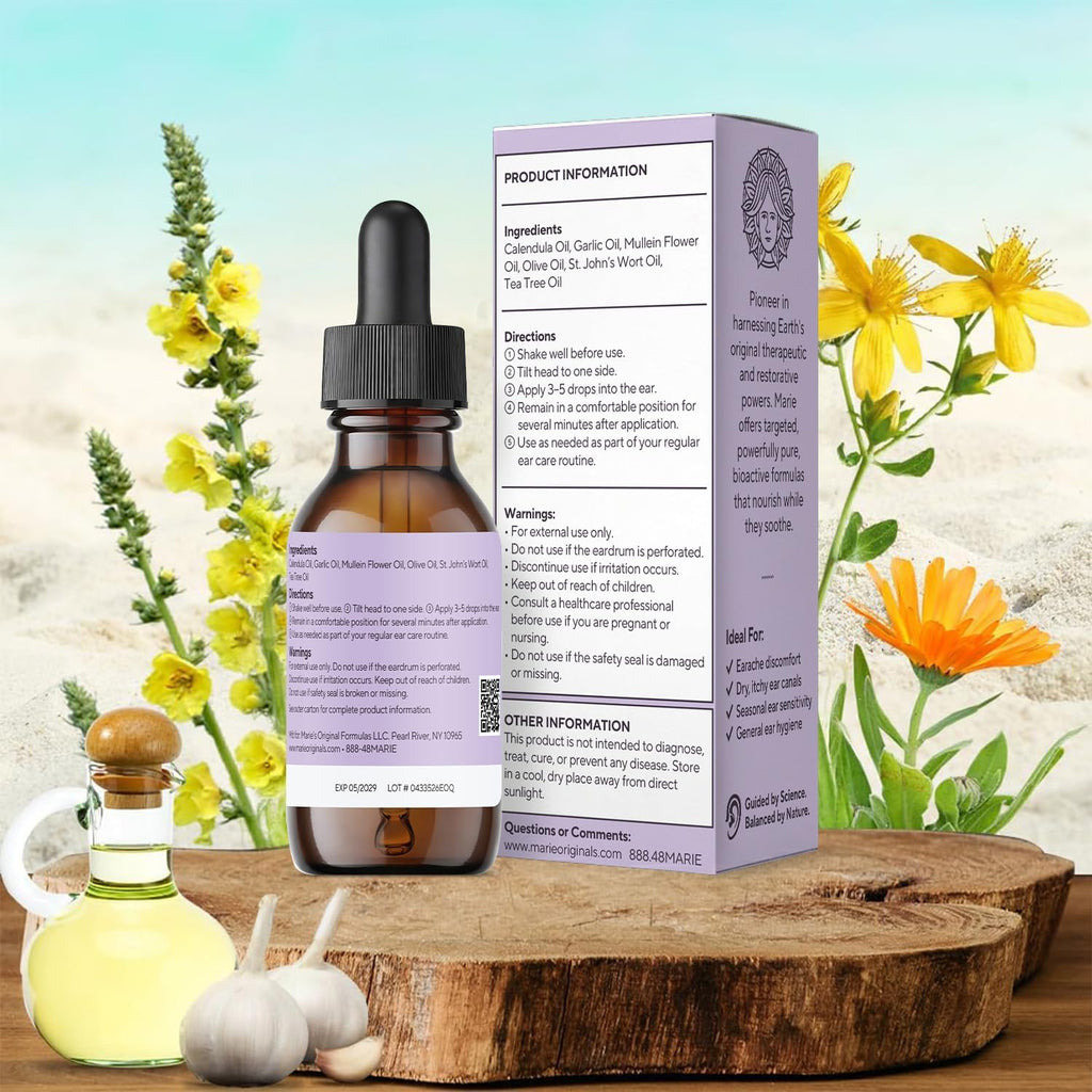 Marie Originals Mullein Garlic Ear Oil Drops for Earwax Care (1 Pack) | Olive Oil, Calendula and St Johns Wort, Herbal Ear Ache Drops, Balanced Ear Moisture 1 fl oz.