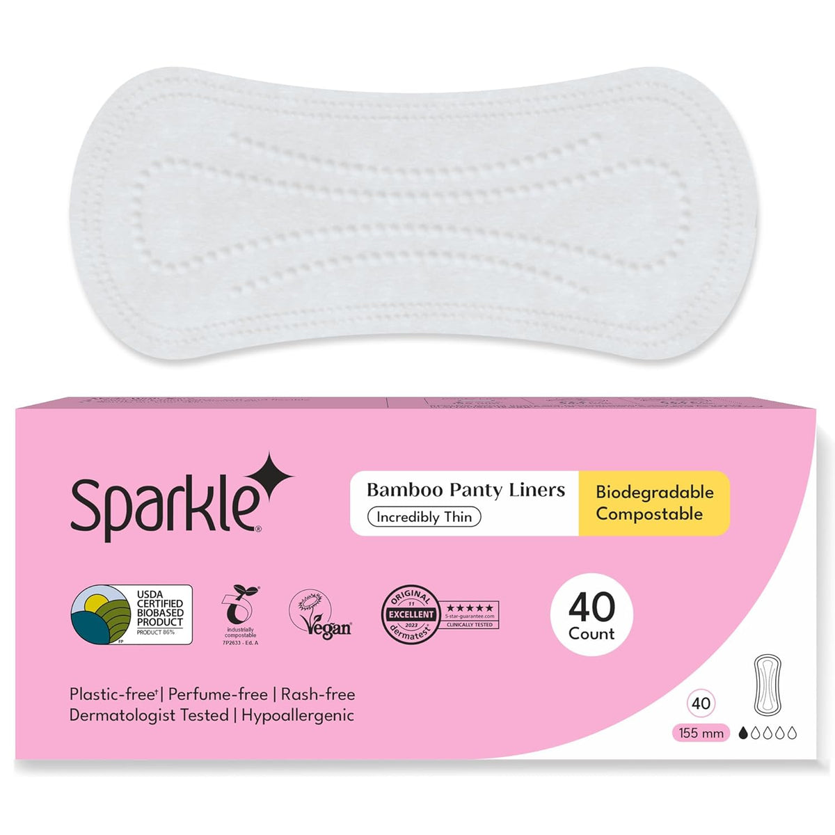 Sparkle Bamboo Panty Liners for Women, Plant-Based Daily Pantyliners | Organic Panty Liner | Pads for Women | Softer Than Cotton Panty Liners | Unscented, Chlorine Free, Flexible (Incredibly Thin, 40 Count)