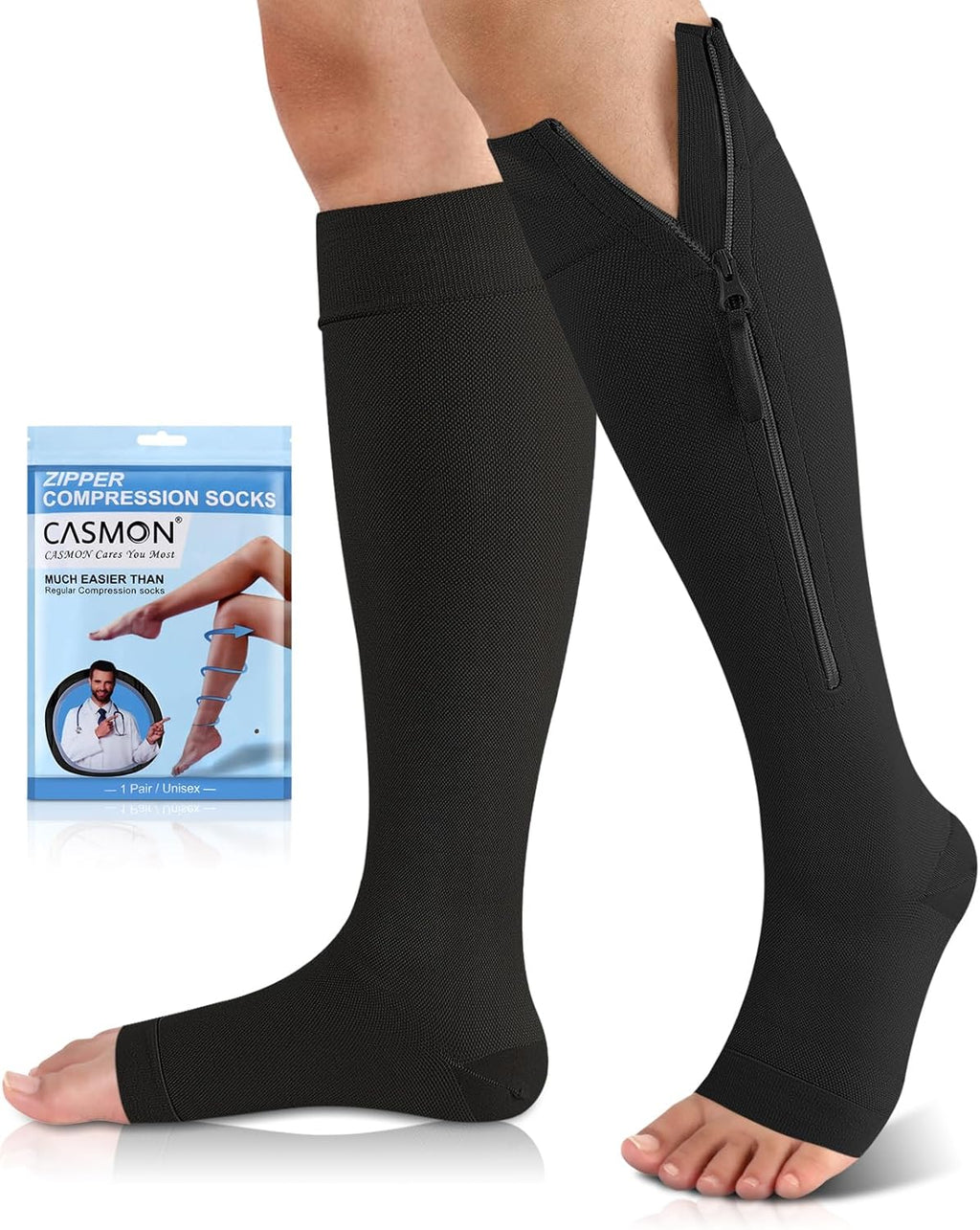 CASMON 15-20mmHg Zipper Compression Socks for Women and Men, Knee High Compression Stockings, Medical Open Toe Support Socks for Varicose Veins, Post-surgery, Swelling, Nurses, Pregnancy (1 Pair)