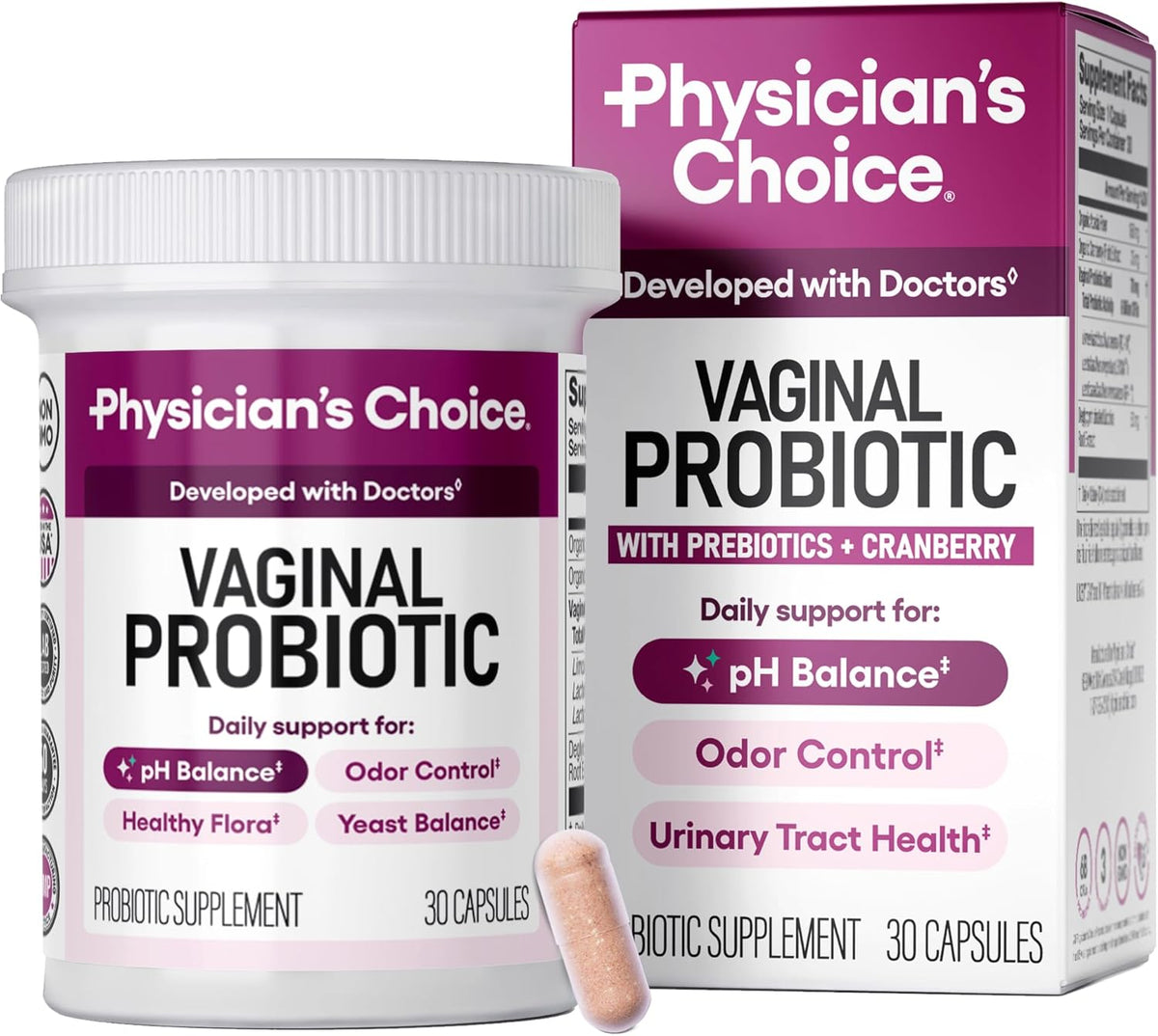 Physician's CHOICE Vaginal Probiotics for Women - pH Balance, Odor Control, Yeast Balance, Vaginal Flora & Feminine Health - 6B CFU with Organic Prebiotics and Cranberry Extract - 30 CT