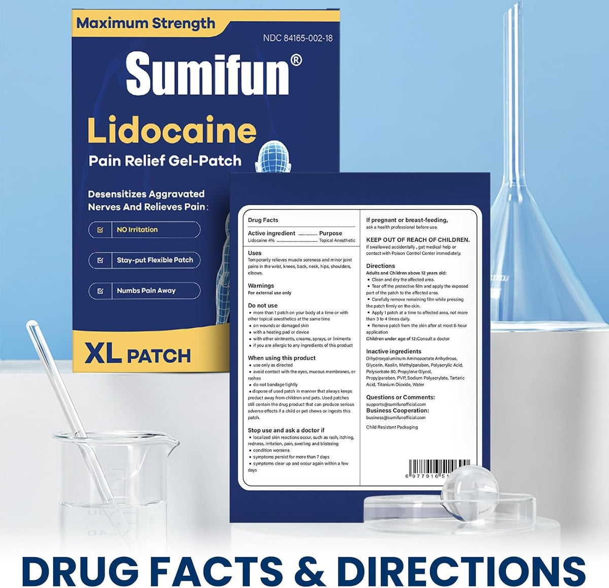 Sumifun 4% Lidocaine XL Pain Patches 18 Counts | Extra Large 4.72"x7.87" for Full Back & Thigh Coverage, Maximum Strength OTC Numbing, 8-Hour Medical Adhesion