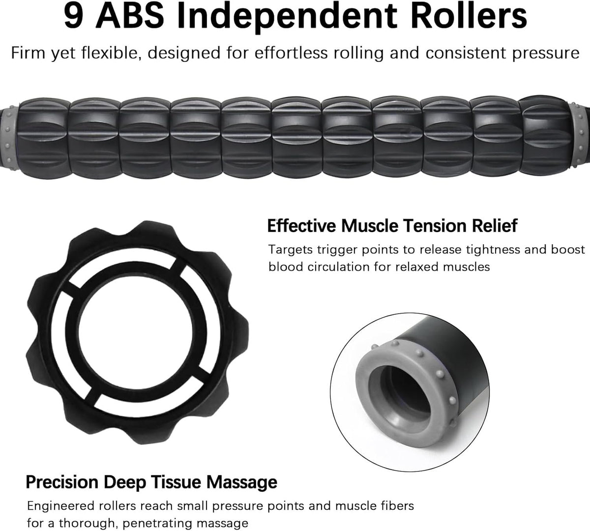 Muscle Roller Massage Roller Stick- Deep Tissue Fascia Blaster for Myofascial Pain Relief, Lymphatic Drainage & Body Sculpting, Handheld Physical Therapy & Recovery Tool (Gray Black-)