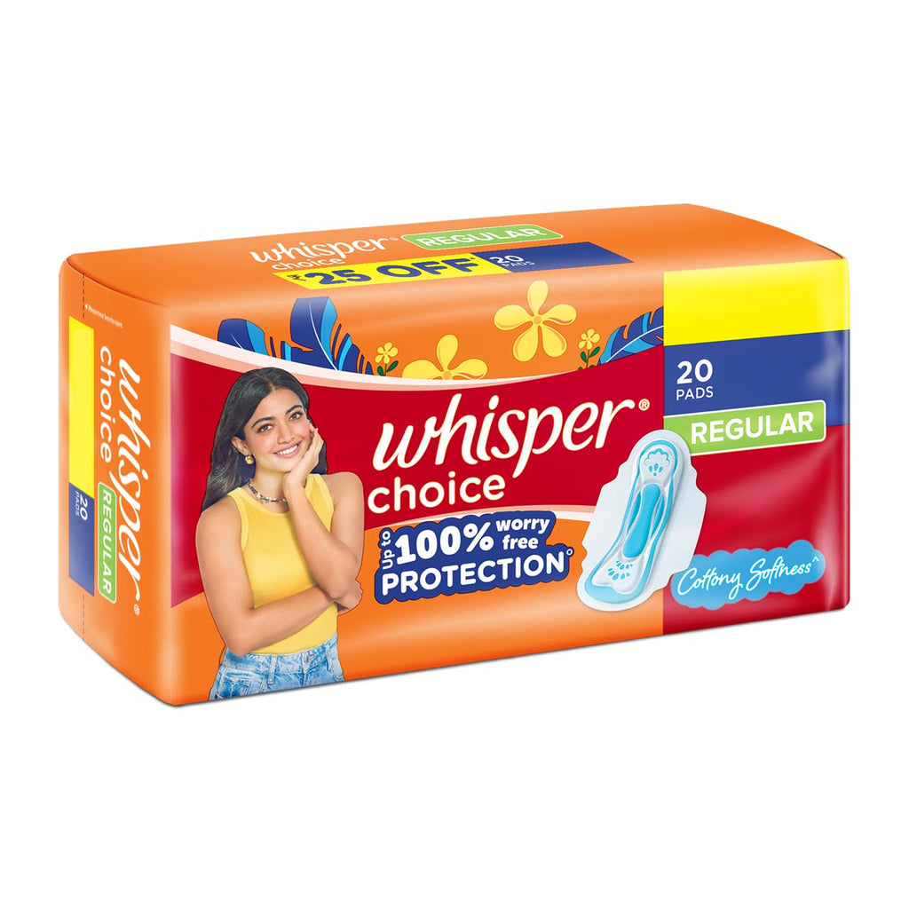 Whisper Choice Regular, 20 Pads for light to medium flow, Gives Up to 100% worry-free protection, with Cottony Softness
