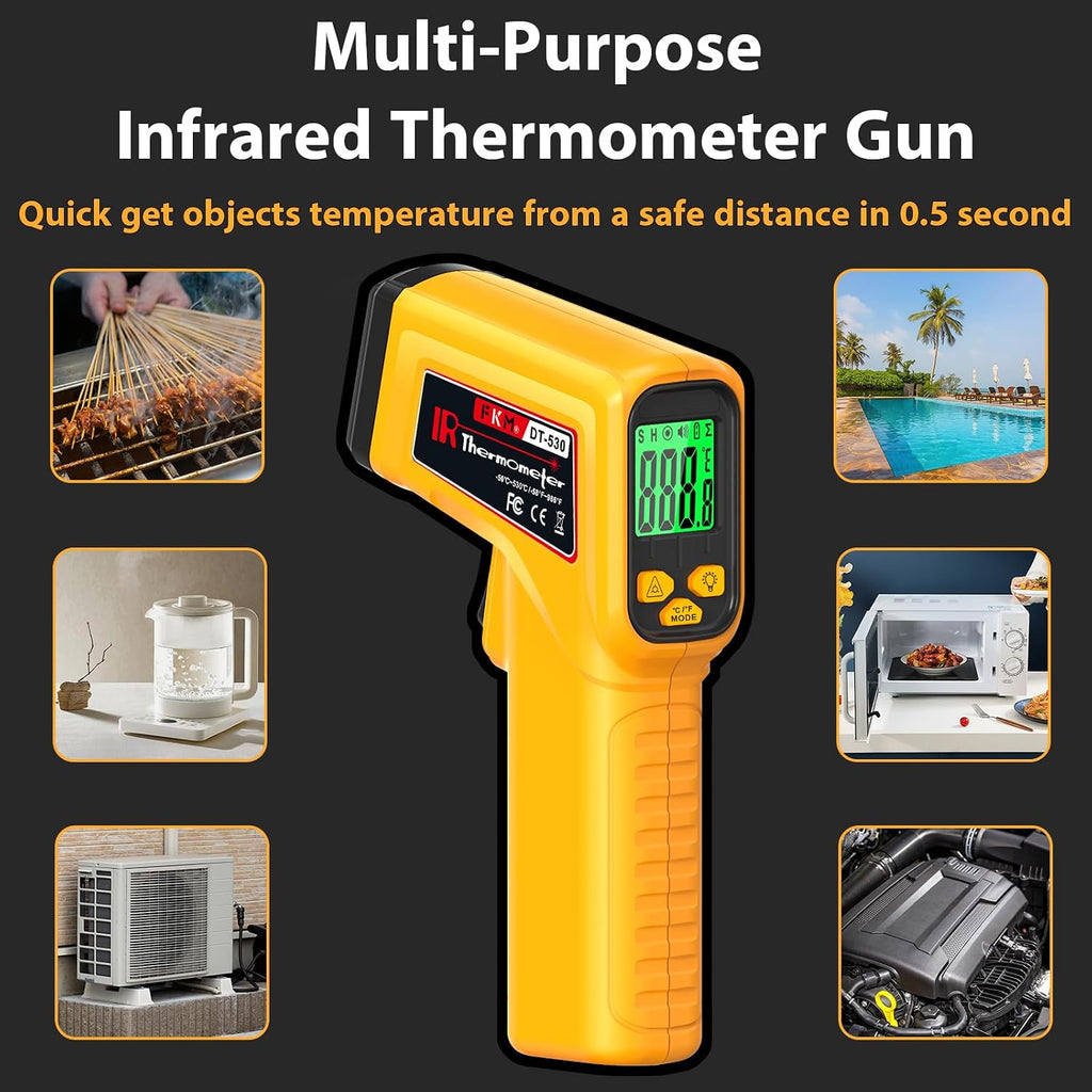 FKM Infrared Thermometer Gun Non-Contact Laser Temperature Gun -58°F~986°F | (-50°C~530°C) Adjustable Emissivity,Digital Thermometer Gun for Cooking,Oven,Griddle,Automotive,HVAC,Industrial,Not for Human