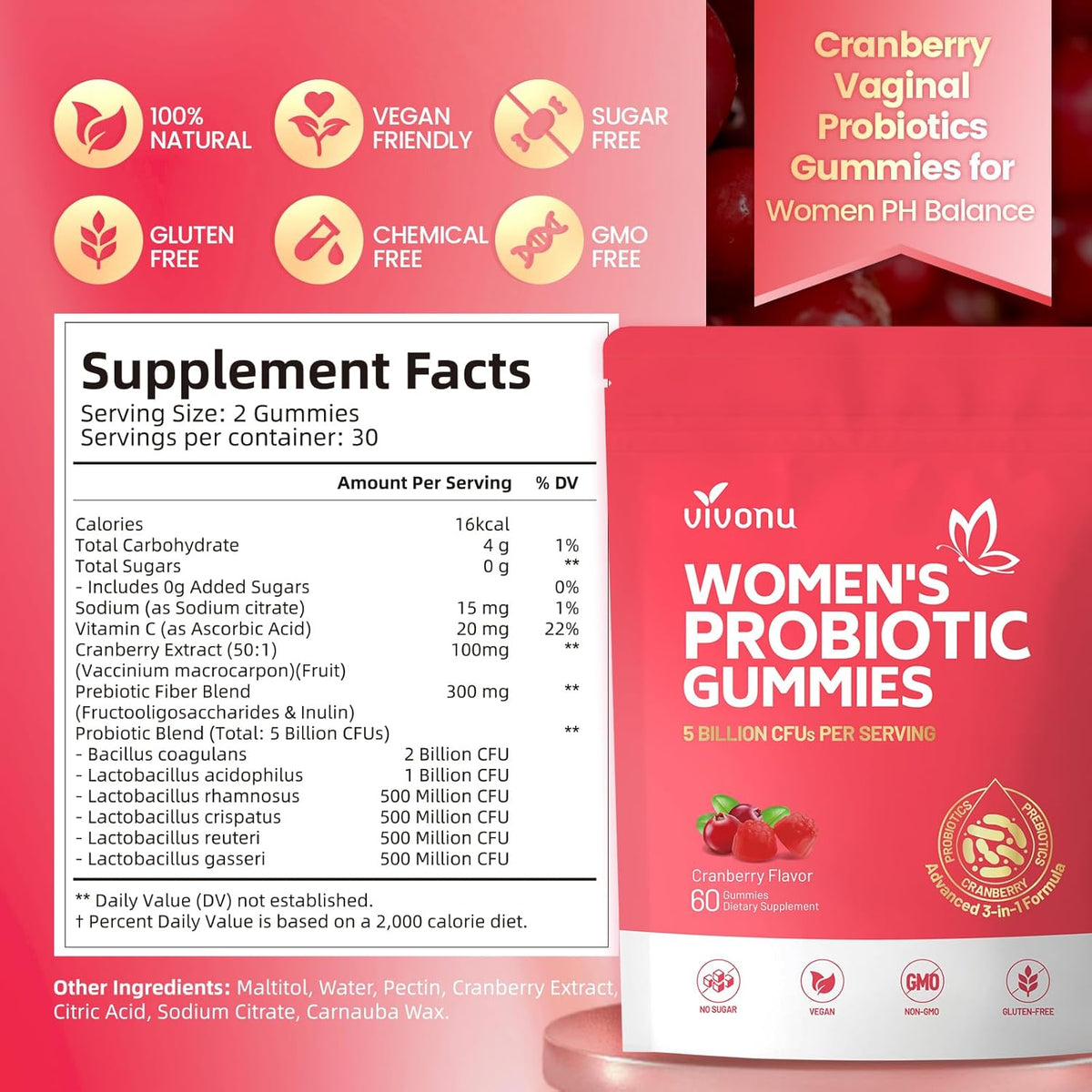 VivoNu Vaginal Women Probiotic, Feminine Balance pH Gummies for Healthy Odor, Yeast Balance & Flora + Vitamin C for Immune Support -Cranberry Probiotics