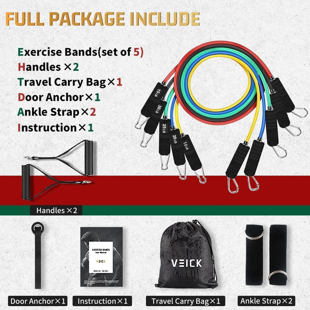 VEICK Resistance Bands with Handles, Ankle Straps, Door Anchor | Accredited Lab Certified, 100% Natural Latex, Cushioned Handles, Versatile for Yoga, Pilates, Strength, Home Gym