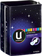 U by Kotex Ultrathin Overnight Long Pads with Wings, Long, 8 Count (Pack of 2)