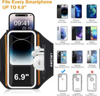 Running Armband with Earphone Bag Cell Phone Armband for iPhone 17 16 15 Pro 14 Plus 13 11 XR, Galaxy S24/S10 Water Resistant Sports Phone Holder Case & Zipper Slot Car Key Holder for 6.9 inch Phone