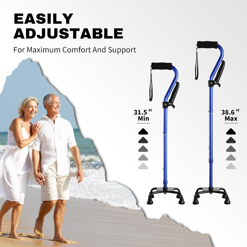 Stand Assist Walking Cane for Seniors - Foldable Adjustable Quad Cane with Second Handle for Leverage, Self Standing Walking Stick with 4-Pronged Base for Stability and Surgery Recovery
