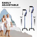Stand Assist Walking Cane for Seniors - Foldable Adjustable Quad Cane with Second Handle for Leverage, Self Standing Walking Stick with 4-Pronged Base for Stability and Surgery Recovery