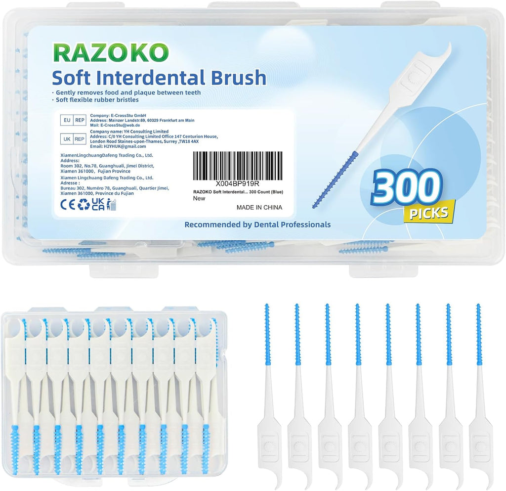 RAZOKO Silicone Soft Interdental Brushes | 300 Count Rubber Dental Picks with Travel Case | PFAS & BPA-Free