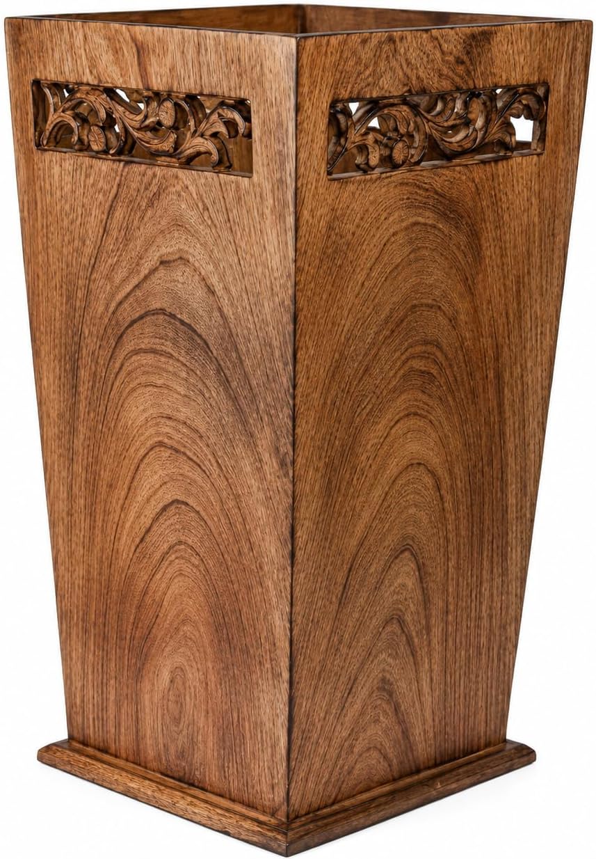 Antique Wooden Umbrella Stand & Walking Cane Holder for Home, Office & Entryway | Hand-Carved Solid Wood Umbrella & Cane Storage Rack | Size 21.5 x 8 x 8 in, Base 7.5 x 7.5 inches (Solid)