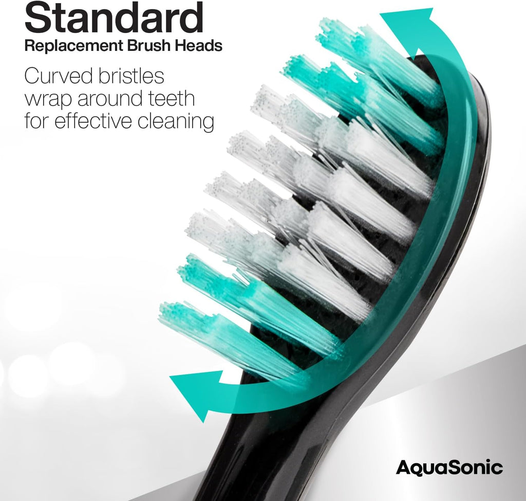 AquaSonic Genuine Standard Replacement Brush Heads | ADA Accepted | for Normal & Sensitive Teeth | Compatible with Many AquaSonic Toothbrush Handles (2 Pack Black)