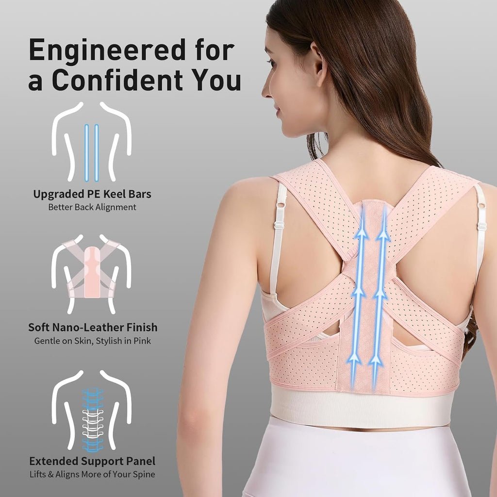 Posture Corrector for Women Back Brace Shoulder Straightener Pink, S/M | Back Posture Corrector Women, Posture Support Belt, Adjustable Fit, Office, Travel, Daily Wear