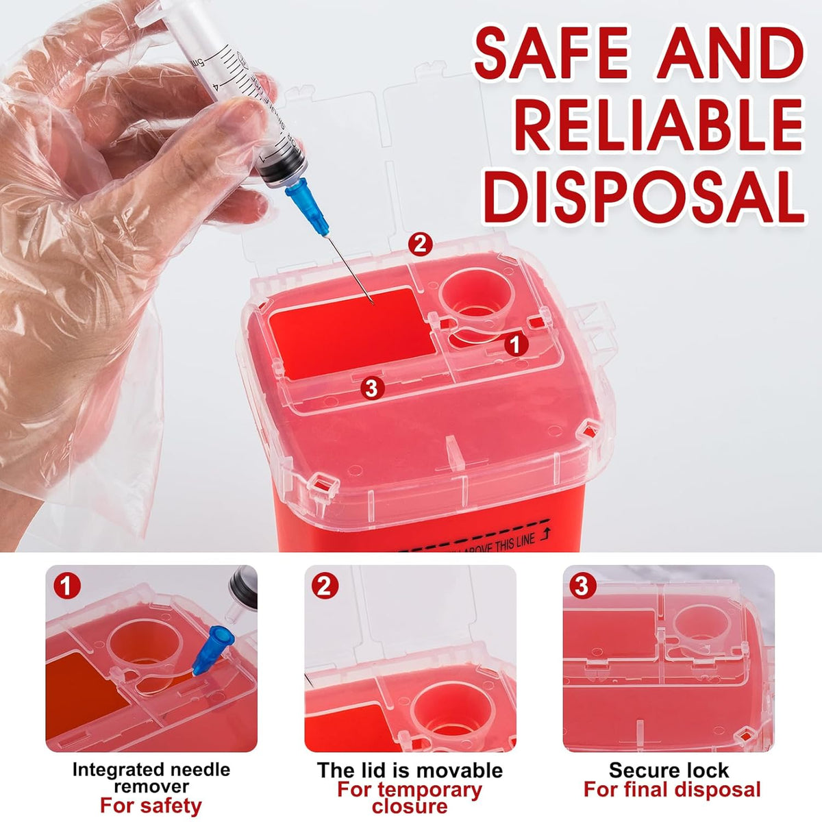 1 Quart (3-Pack) Sharps Container for Home Use, Needle Disposal Containers | Biohazard Containers, Syringe Disposal, Small Portable Container for Travel, Professional Sharp Waste Disposal Containers