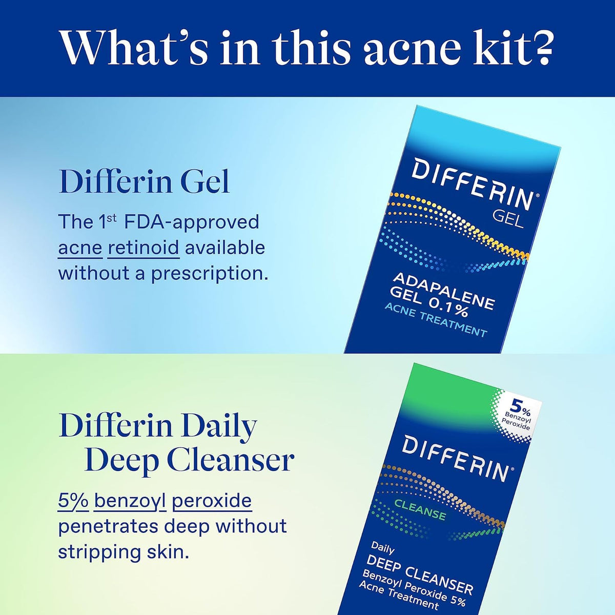 Differin Acne Kit, Adapalene Gel 0.1% + Benzoyl Peroxide Body Wash | Complete Acne Prone Skin Care Routine, Retinoid Gel Treatment, 5% Benzoyl Peroxide Face and Body Wash, Pimple-Fighting Bundle