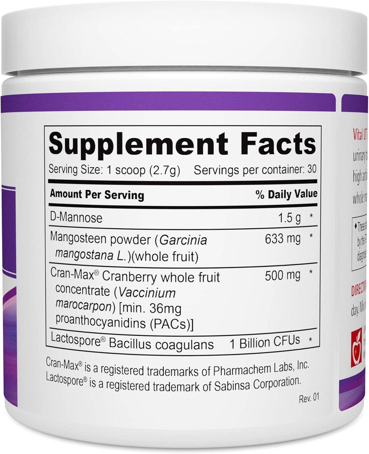 Vital UT Urinary Tract Supplement with Cranberry (36mg PACs), d-Mannose, Mangosteen, and LactoSpore Probiotic (30 Servings, Powder)